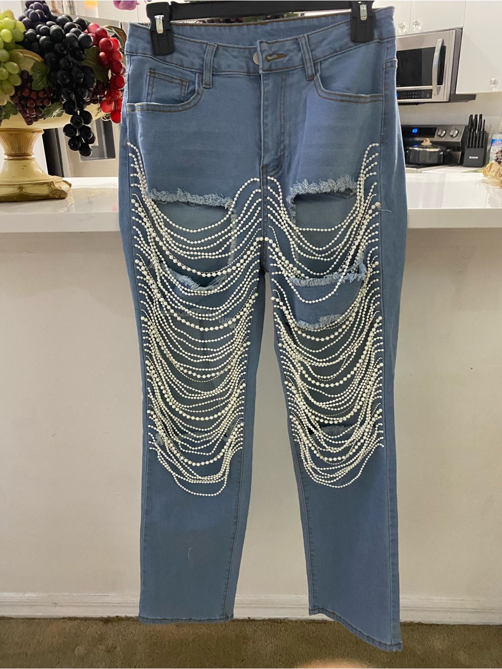 Embellished Pearl-Chain Distressed Blue Women’s Jeans